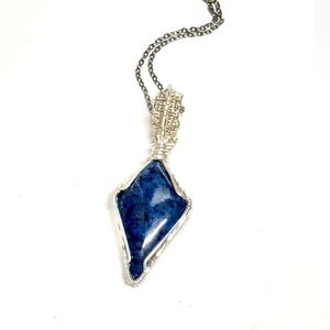 HAND CRAFTED Dumortierite Silver-Filled Wire Wrap Unisex Pendant Necklace